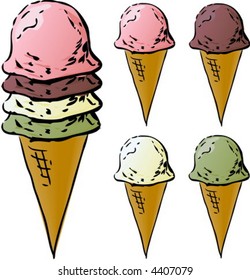 Ice cream cones illustration, various flavors lineart hand-drawn look