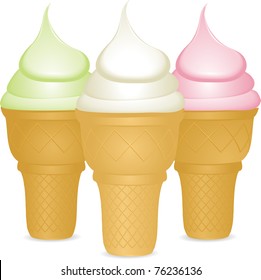 Ice cream cones with mint, vanilla and strawberry ice cream