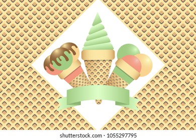 Ice cream cones on the waffle background. Vector illustration EPS10