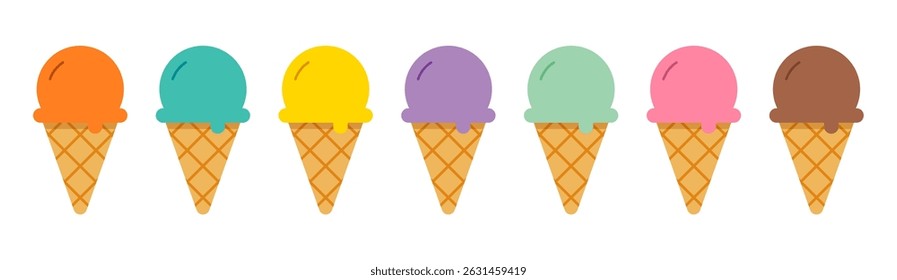 Ice cream cones on waffle many flavors desserts for summer.