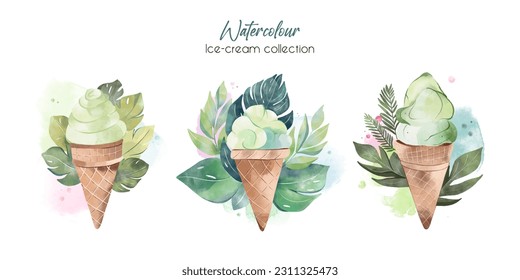 Ice cream cones painted in watercolor style. White background. Waffle cone, cream and ice cream balls with exotic leaves background