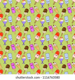 Ice cream cones, pattern seamless, color of different, doodle emotion. Smiling and angry. Love and surprise. Dessert handmade. Vector illustration