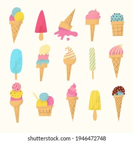 Ice cream cones and popsicles set. Hand drawn cute frozen dessert with textured details. Summer colorful snack with strawberry, vanilla flavor and sprinkles and chocolate decorations.