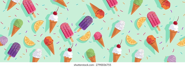 Ice cream cones popsicles summer pattern seamless background colorful frozen desserts lemon slices sprinkles mint green backdrop playful repeat