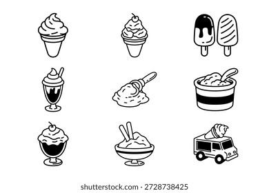 Ice cream , cones, popsicles, sundae, milkshake, frozen yogurt, scoop bowl icon set. Ice cream, frozen, sweet treats elements pack. Dessert illustration.