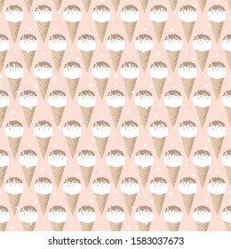 Ice cream cones seamless pattern on pastel pink and stars background