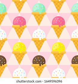 Ice cream cones seamless pattern. Cute summer background with sweet dessert and geometric backdrop. Good for food prints on posters, wallpapers, textile and children goods.
