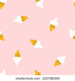 Ice cream cones seamless pattern cute smile. Hand drawn nursery cartoon doodle kawaii dessert character. Childish vector illustration in a simple naive style. Perfect for printing