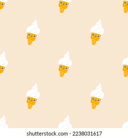 Ice cream cones seamless pattern cute smile. Hand drawn nursery cartoon doodle kawaii dessert character. Childish vector illustration in a simple naive style. Perfect for printing