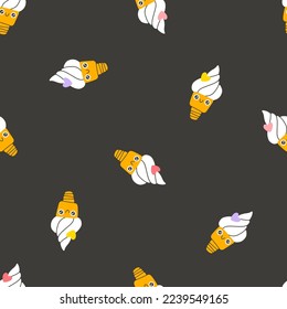 Ice cream cones seamless pattern cute smile. Hand drawn nursery cartoon doodle kawaii dessert character. Childish vector illustration in a simple naive style. Perfect for printing
