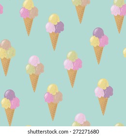 Ice cream cones seamless pattern, mint background