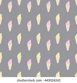 Ice cream cones seamless pattern background. Vector hand drawn illustration with tender colors.