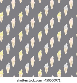 Ice cream cones seamless pattern. Vector hand drawn background. Fabric design