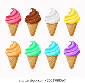 Ice cream cones set of 8 different colors. Isolated on white background. Vector design.