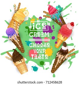 Ice Cream Cones Set Colorful Desserts Collection Choose Your Taste Cafe Poster Vector Illustration