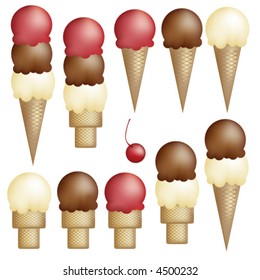 Ice Cream cones - single, double, triple - strawberry, vanilla, and chocolate. And a cherry.