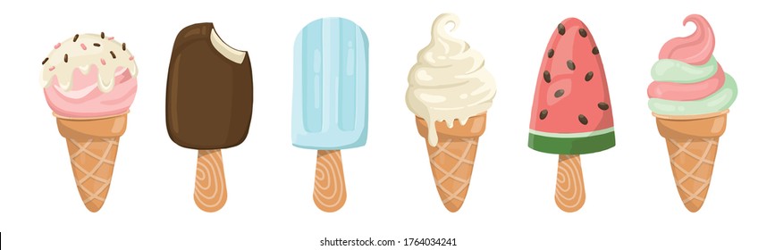 ice cream cones and stick collection. there are softserve , watermelon, mint, chocolate, strawberry. yummy for freshy summer. vector illustration isolated  objects on white