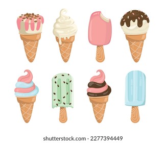 ice cream cones and stick collection. there are softserve , watermelon, mint, chocolate, strawberry. yummy for freshy summer. vector illustration isolated  objects on white