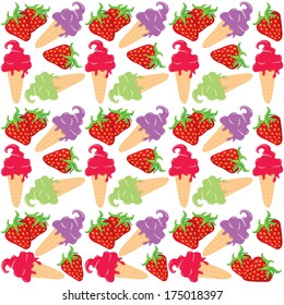 Ice cream cones and strawberry background. Vector pattern.