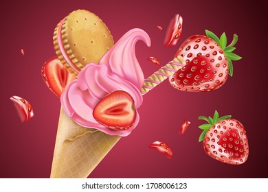 Ice cream cones strawberry with biscuits isolated on solid color background. Realistic vector in 3D illustration.