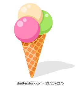 Ice cream cones with three balls on a white background.