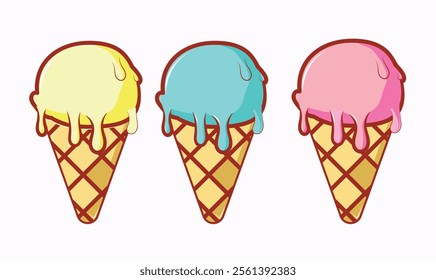 ice cream cones, three ice creams, vanilla ice cream, strawberry ice cream