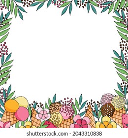 Ice Cream Cones, Tropical Leaves And Flowers And Strawberries Summer Vector Frame And Border