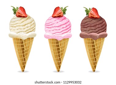 Ice cream cones Vector. Chocolate, vanilla and strawberry flavors