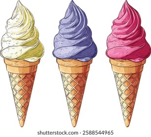 Ice Cream Cones Vector Illustration, Isolated on White