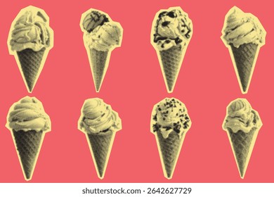Ice Cream Cones Vector Illustration, Halftone Style on Pink Background.