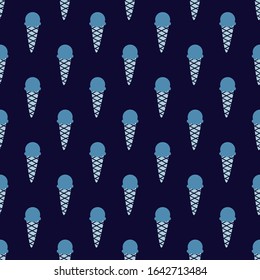 Ice cream cones vector seamless pattern on dark blue background; simple background with dessert for fabric, package, wallpaper, wrapping paper, textile, web design.
