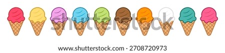Ice Cream Cones in Vibrant Colors Cute Summer Dessert Illustration Vector Set of Waffle Cone Flavors.