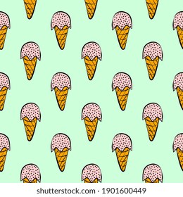 Ice cream in a cone,seamless pattern on green background.