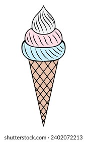 Ice cream in a cone-shaped waffle cone. Refreshing tricolor dessert. White, pink, blue. Color vector illustration. Isolated background. Cartoon style. Sweet popsicle. 