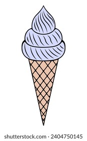 Ice cream in a cone-shaped waffle cone. Refreshing dessert with several purple layers. Color vector illustration. Isolated background. Cartoon style. Sweet popsicle. Idea for menu, web design.