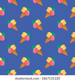 Ice cream in cones,seamless pattern on deep blue background.
