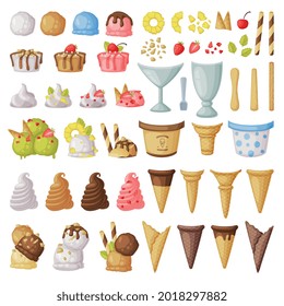Ice Cream Constructor Big Set, Fresh Cold Sweet Tasty Desserts Cartoon Vector Illustration
