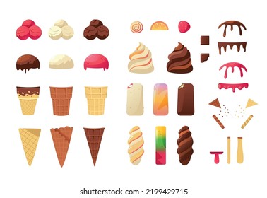 Constructor de helado. Caricatura de postres fríos de verano ingredientes y trozos, conos de gofre coloridos, frutas, bolas de leche helada y toallitas. Conjunto aislado de vectores. Deliciosos y coloridos pópsiques