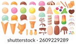Ice cream constructor. Create icecream flavor, scoop balls waffle cone or popsicle on stick sorbet topping sprinkles gelato sundae frozen fruit cream set neat vector illustration original artwork