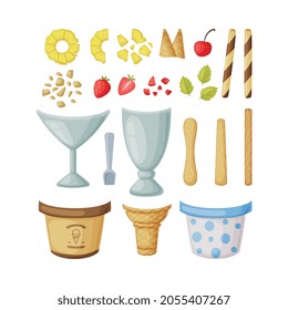 Ice Cream Constructor with Cup, Glass, Sticks and Topping Ingredient Vector Set