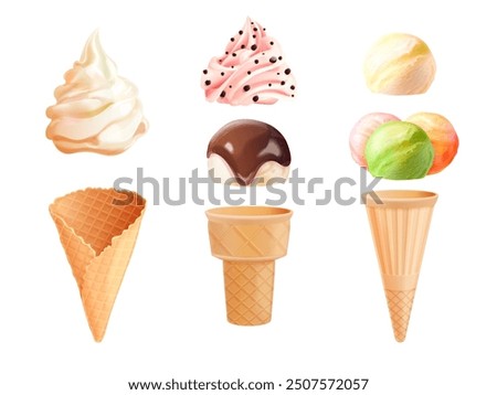 Ice cream constructor. Soft icecream ball creating kit shop, frozen milk sweets toppings scoop waffle cone cup sorbet yogurt chocolate vanilla flavors, exact vector illustration original artwork