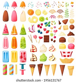 Ice Cream Constructor. Various Flavors, Cones, Toppings, Sprinkles To Make Your Ice Cream. Vanilla, Chocolate Sundae, Strawberry Fruit Ice, Popsicle. Vector Dessert Elements Set. Dairy Products