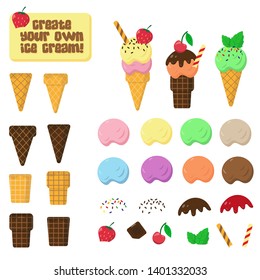 Ice cream constructor. Vector collection of ice cream elements and  waffle on white background. Parts of ice cream for creating own disign.