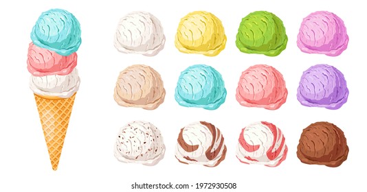  Ice cream constructor.Different colorful scoops and waffle cone for create your own.Set of various flavors: vanilla, strawberry, chocolate.Tasty summer dessert vector illustration.