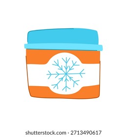 Ice cream container depicting cold food product or frozen dessert packaging, featuring a blue snowflake symbol on a label, indicating a refreshing and sweet treat concept