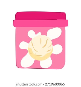 Contenedor de helado con un cuerpo rosa vibrante y tapa fucsia, con una cucharada de helado de vainilla cremosa y diseño de salpicaduras blancas en la parte delantera, que representa un postre dulce congelado