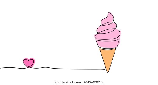 Conceito de linha contínua de sorvete. Sobremesa congelada e delicadeza para clima quente e estação de verão. Cone de waffer com bolas. Ilustração de vetor plano linear isolada sobre fundo branco