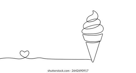 Conceito de linha contínua de sorvete. Sobremesa congelada e delicadeza para clima quente e estação de verão. Cone de waffer com bolas. Ilustração de vetor plano linear isolada sobre fundo branco