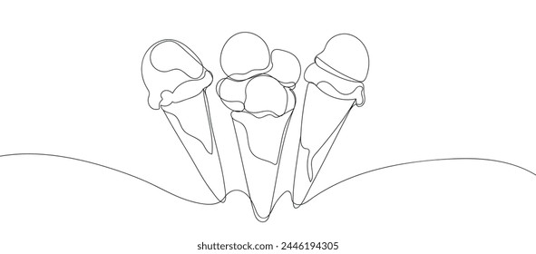 Dibujo de línea continua de helado. Una línea de helado en cono de gofre. Símbolo helado de postre en estilo lineal simple. Diferente tipo de helado conjunto de verano. Ilustración vectorial de estilo minimalista dibujada a mano