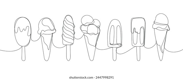 Ice cream continuous line drawing. One line Ice cream. Symbol dessert gelato in simple linear style. Different type ice cream summer set. Hand drawn minimalist style vector illustration